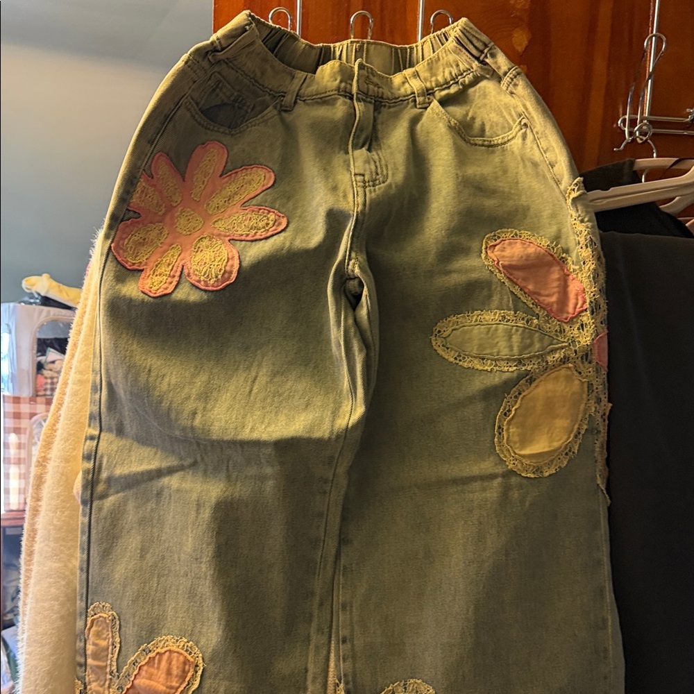 Floral Embroidered Wide Leg Jeans
